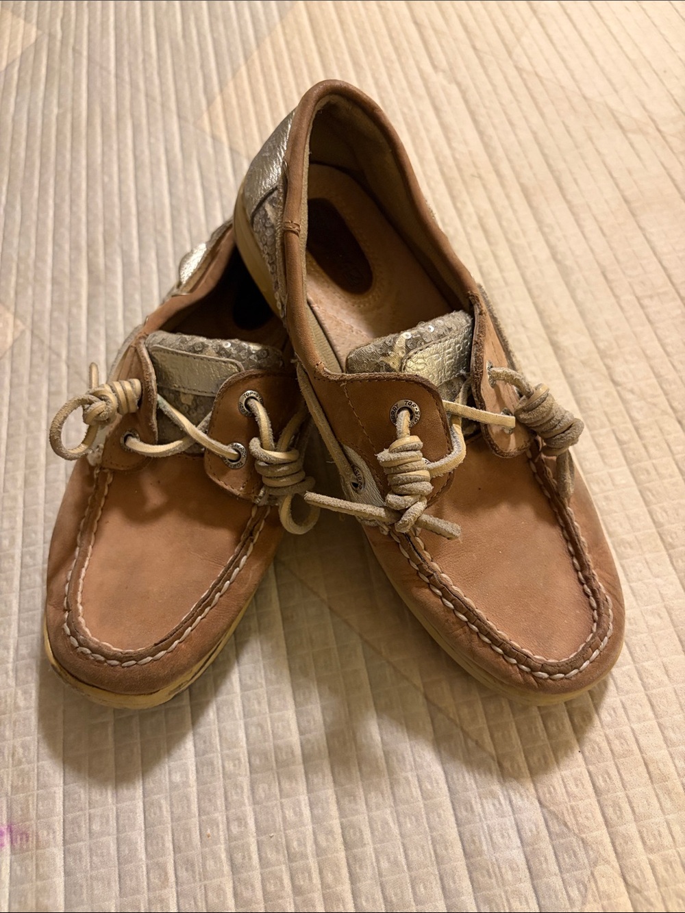 Women Sperrys Casual Leather Boat Shoes in Tan and Metallic Accent